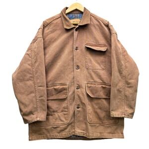ID Wear Canvas Chore Coat Men Large Brown Flannel Lined Leather Trim Workwear